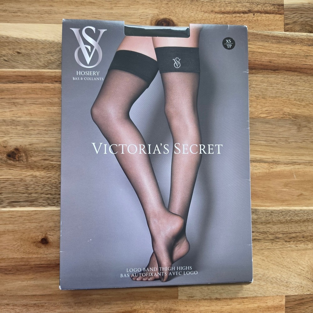 Victorias Secret Black Logo Band Thigh Highs 20 Denier XS NWT